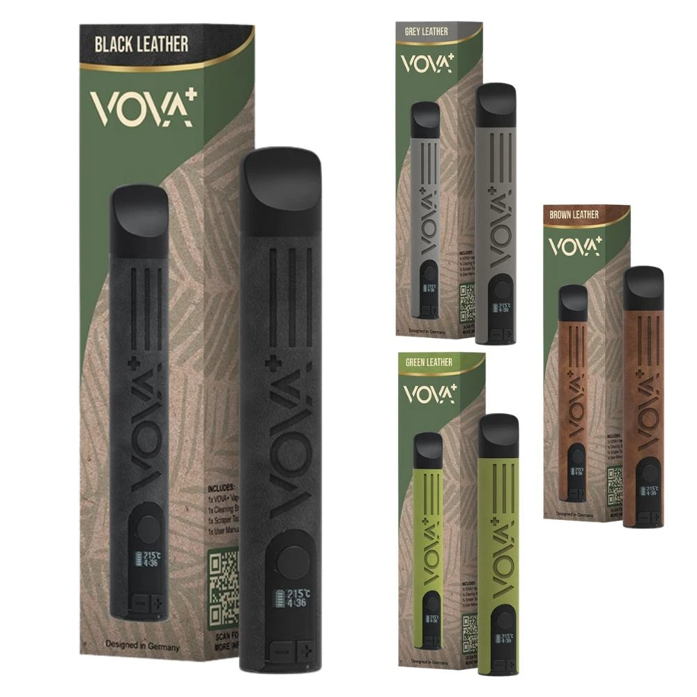 VOVA+ Vaporizer in vier Farben: Black Leather, Grey Leather, Green Leather und Brown Leather, jeweils mit Verpackung, schlankes Design mit OLED-Display, designed in Germany, weißer Hintergrund
